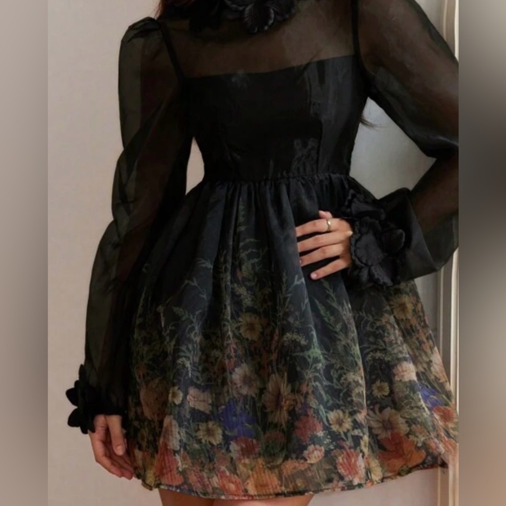 Elegant Black Floral organza Dress. Aveloria Rosie French style